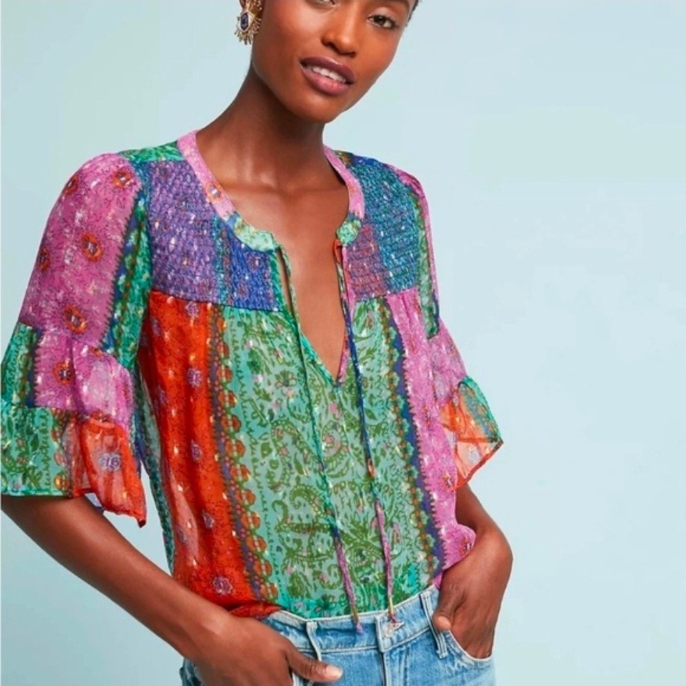 Anthropologie‎ Akemi + Kin Patchwork Metallic Sheer Tunic Blouse Small Boho Pink